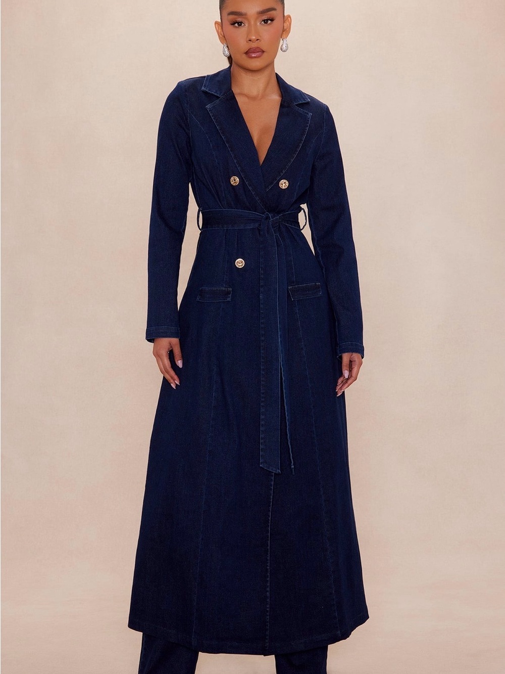 Fashion Nova Dark Navy Double-Breasted Long Denim Trench